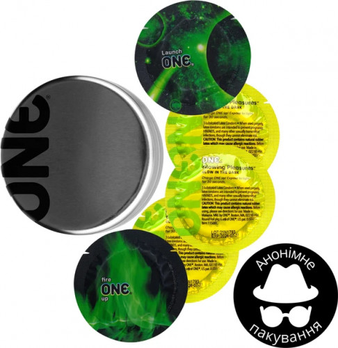 Презервативи One Glowing 5 шт в кейсі, що світяться в темряві