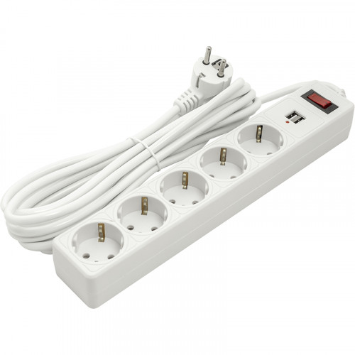 Сетевой фильтр PowerPlant 5 м, 3x1.5мм2, 10А, 5 розеток, 2xUSB 2.1A, евростандарт (JY-1056U/5)
