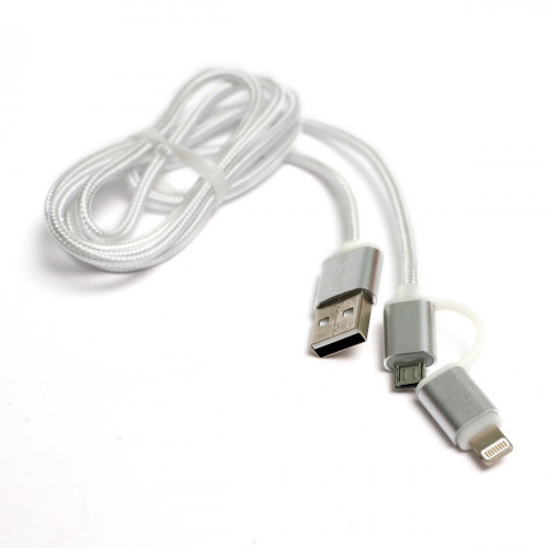 Кабель PowerPlant Quick Charge 2A 2-в-1 cotton USB 2.0 AM – Lightning/Micro 1м silver