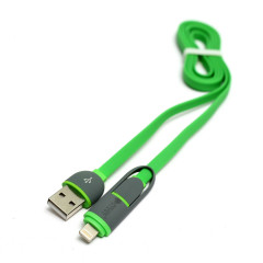 Кабель PowerPlant Quick Charge 2A 2-в-1 flat USB 2.0 AM – Lightning/Micro 1м green