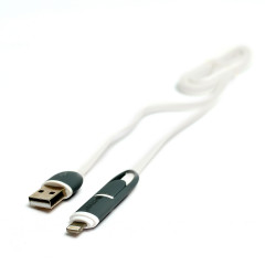 Кабель PowerPlant Quick Charge 2A 2-в-1 flat USB 2.0 AM – Lightning/Micro 1м white